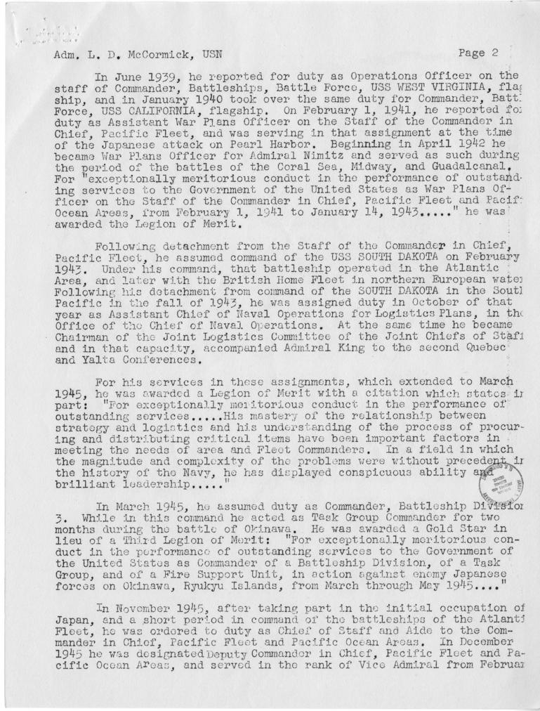 Harry S. Truman to Admiral Lynde D. McCormick, with related material