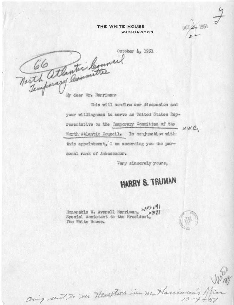 Harry S. Truman to W. Averell Harriman, with related material