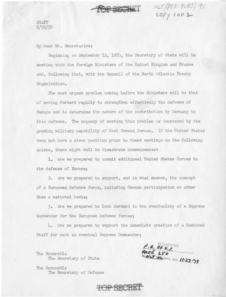 Draft, Harry S. Truman to Louis Johnson and Dean Acheson
