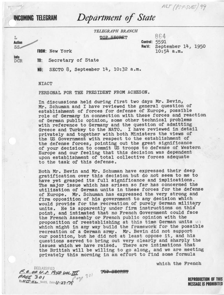 Telegram, Dean Acheson to Harry S. Truman