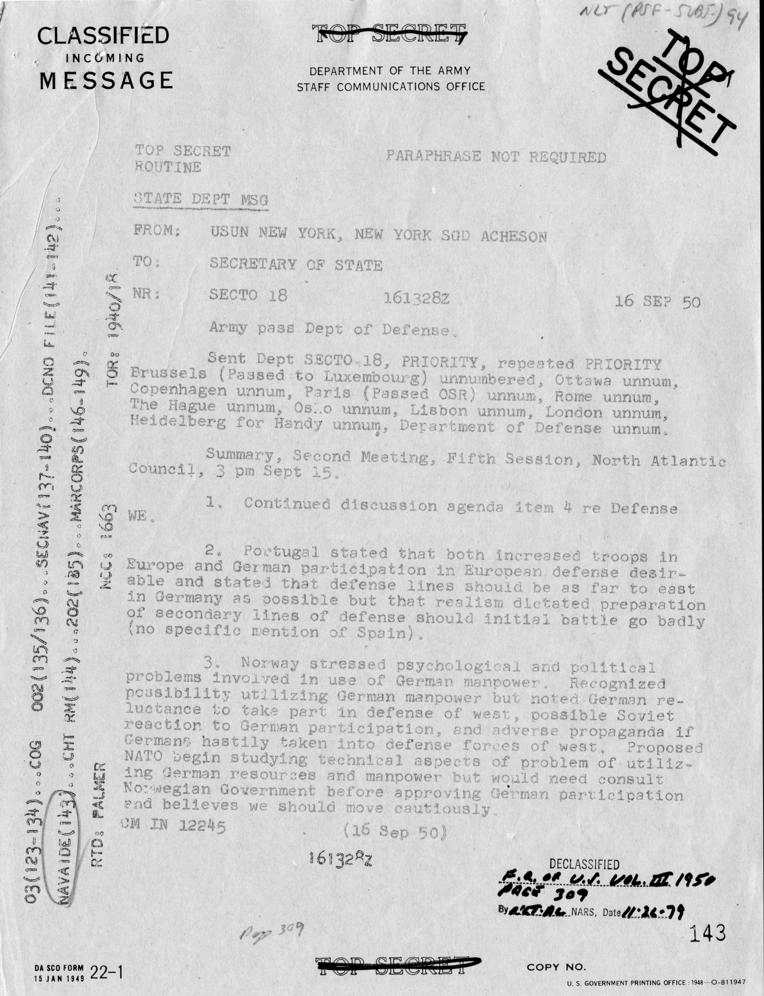 Telegram, Dean Acheson to Harry S. Truman