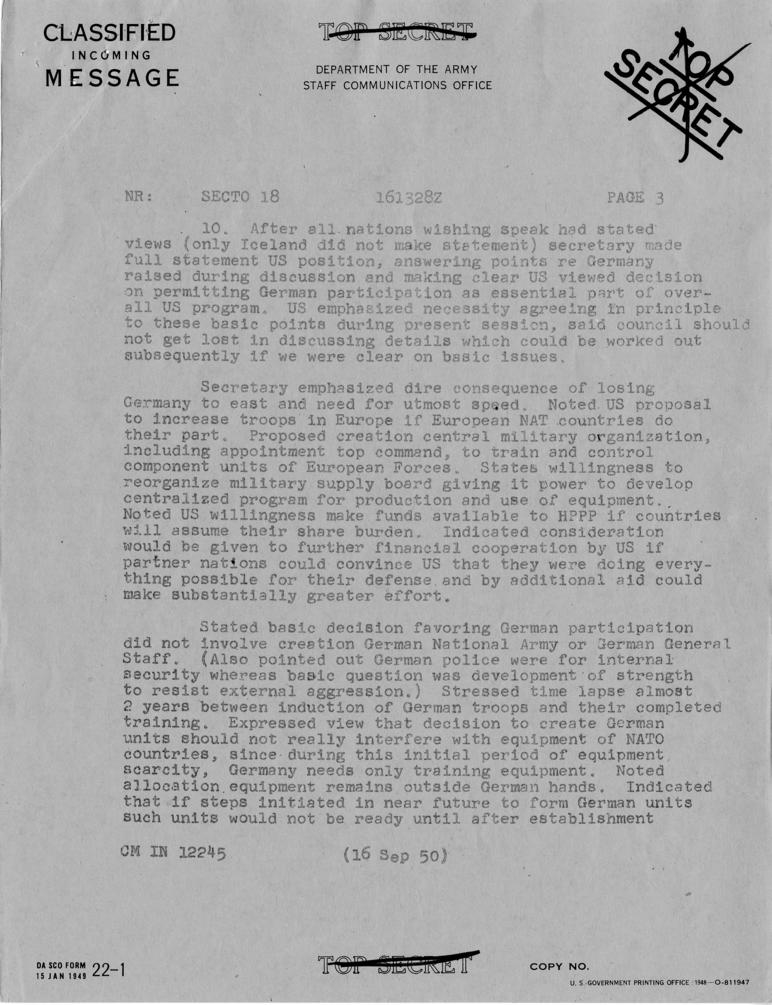 Telegram, Dean Acheson to Harry S. Truman