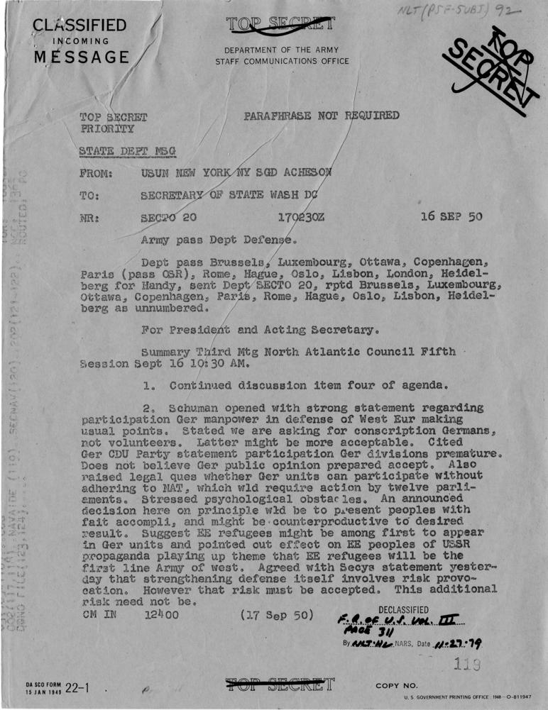 Telegram, Dean Acheson to Harry S. Truman