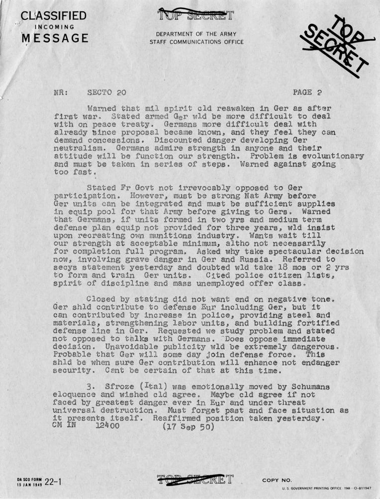 Telegram, Dean Acheson to Harry S. Truman