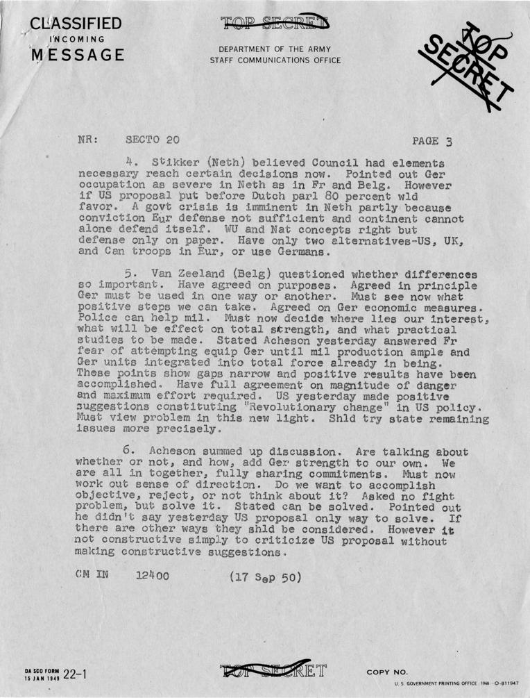 Telegram, Dean Acheson to Harry S. Truman