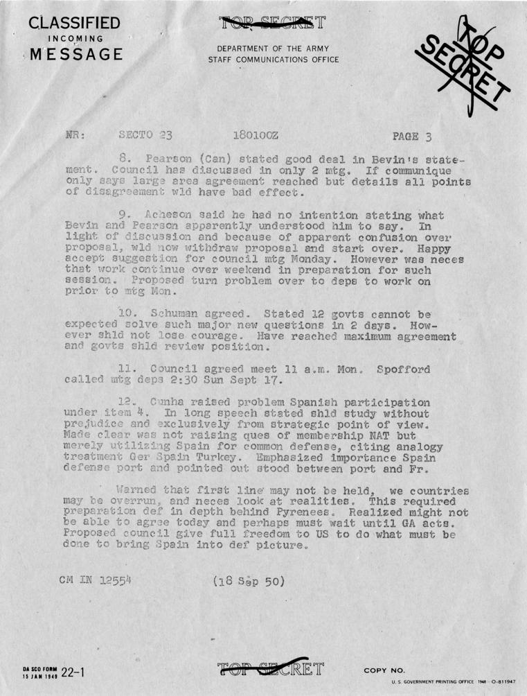 Telegram, Dean Acheson to Harry S. Truman