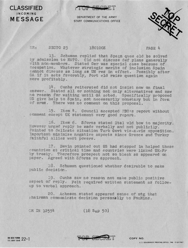 Telegram, Dean Acheson to Harry S. Truman