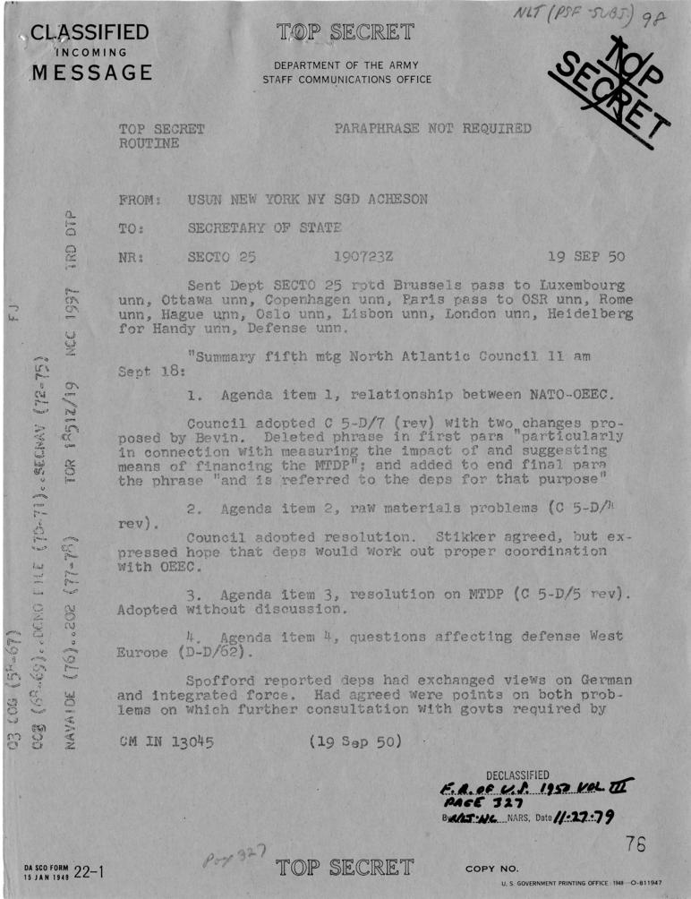 Telegram, Dean Acheson to Harry S. Truman