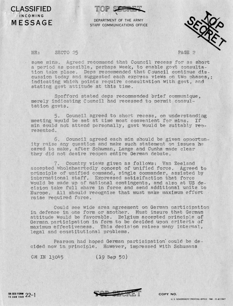 Telegram, Dean Acheson to Harry S. Truman