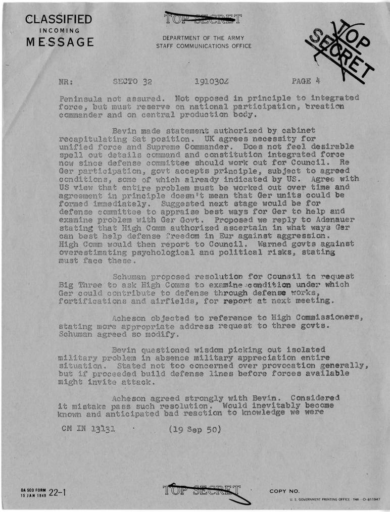 Telegram, Dean Acheson to Harry S. Truman