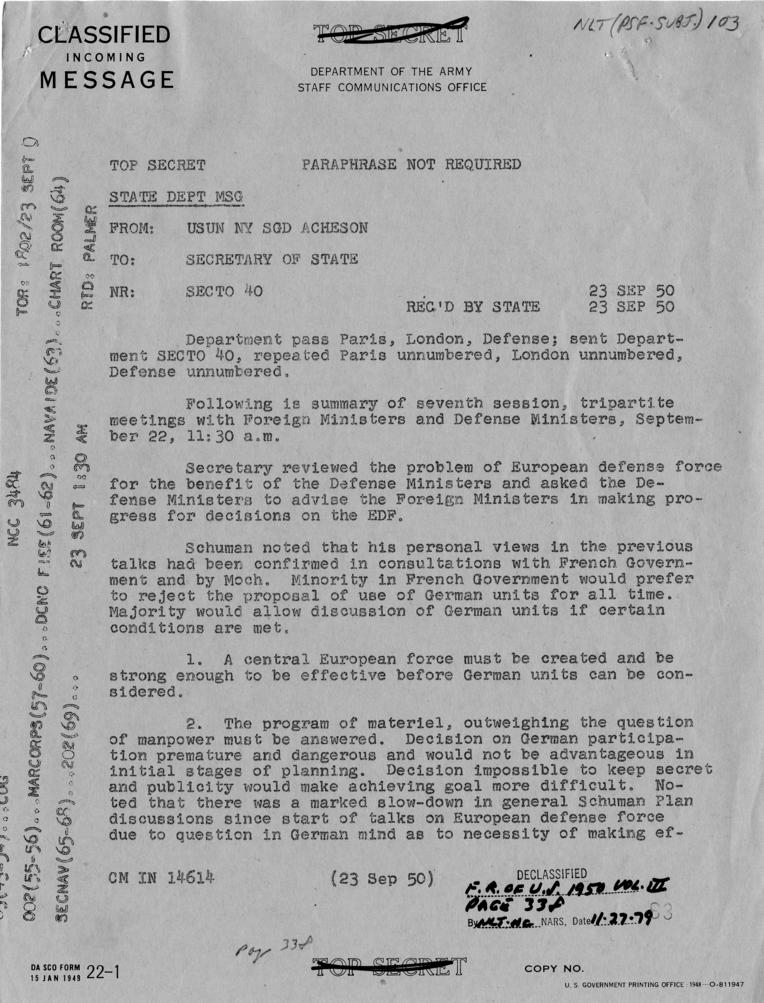 Telegram, Dean Acheson to Harry S. Truman