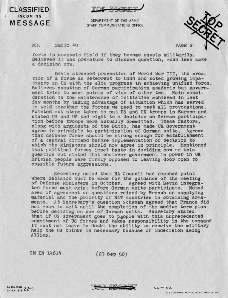 Telegram, Dean Acheson to Harry S. Truman