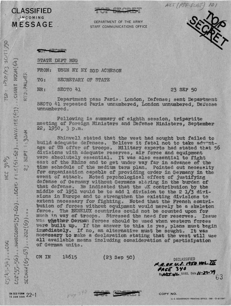 Telegram, Dean Acheson to Harry S. Truman