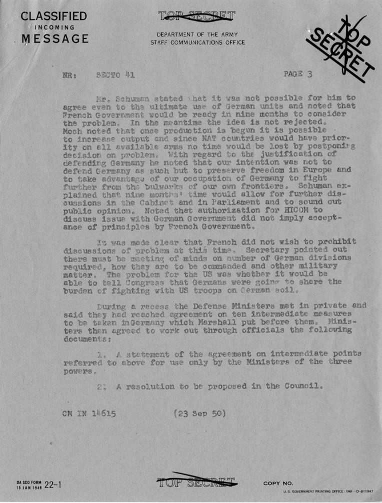 Telegram, Dean Acheson to Harry S. Truman