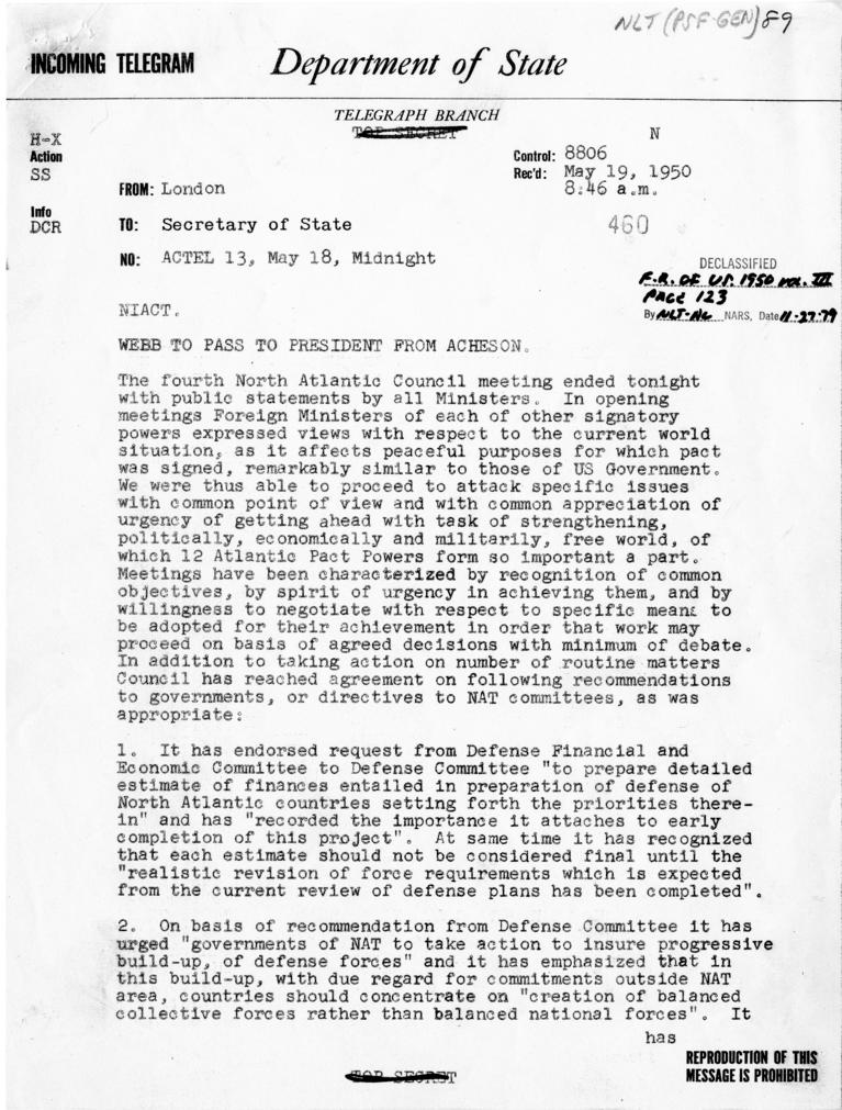 Telegram, Dean Acheson to Harry S. Truman, 8:46 a.m.