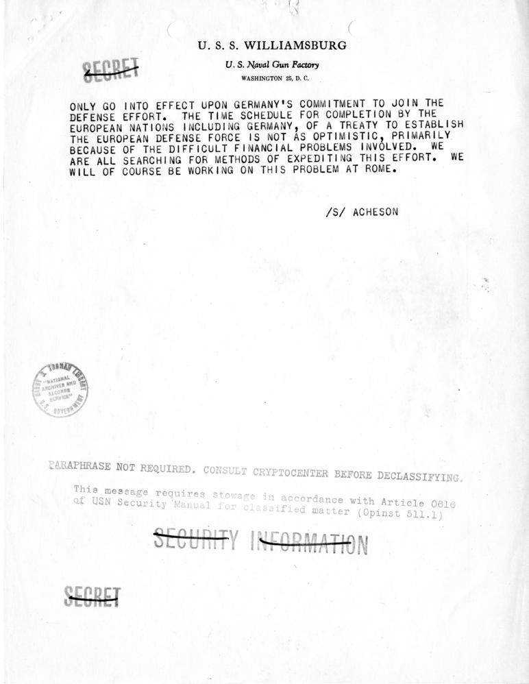 Telegram, Dean Acheson to Harry S. Truman