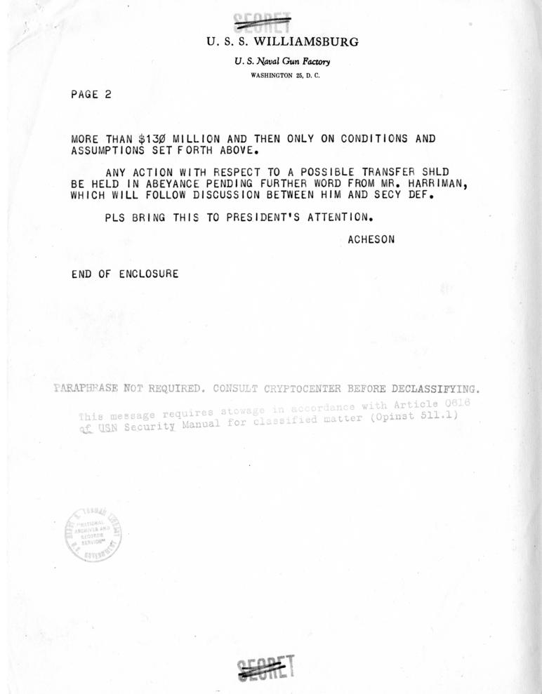 Telegram, James Webb to Harry S. Truman