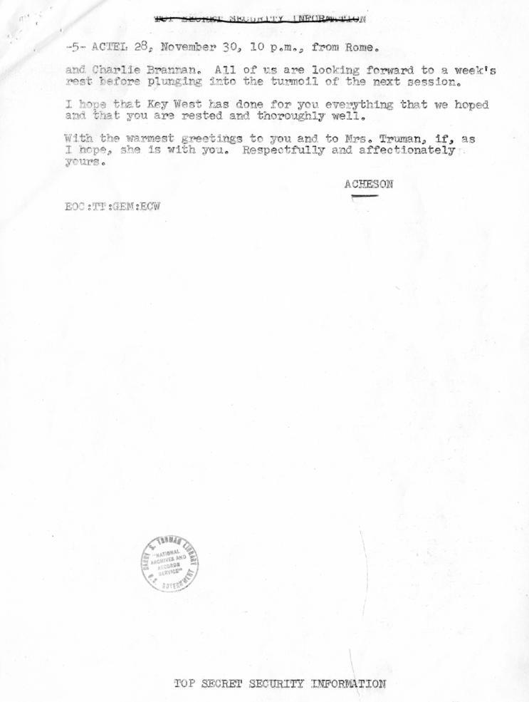 Telegram, Dean Acheson to Harry S. Truman