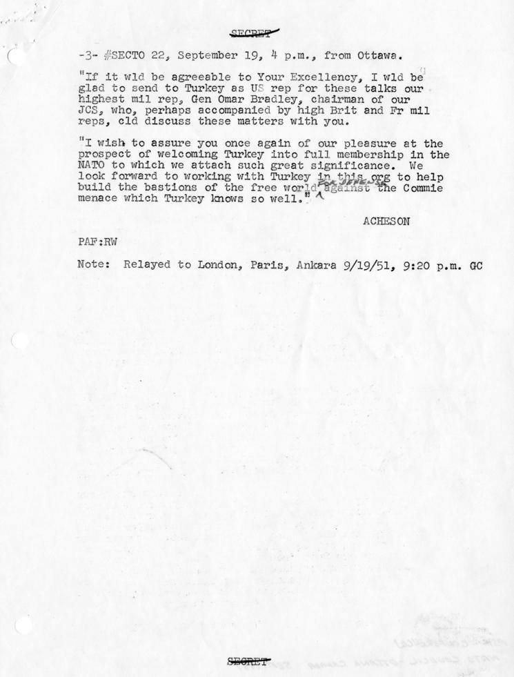 Telegram, Dean Acheson to Harry S. Truman