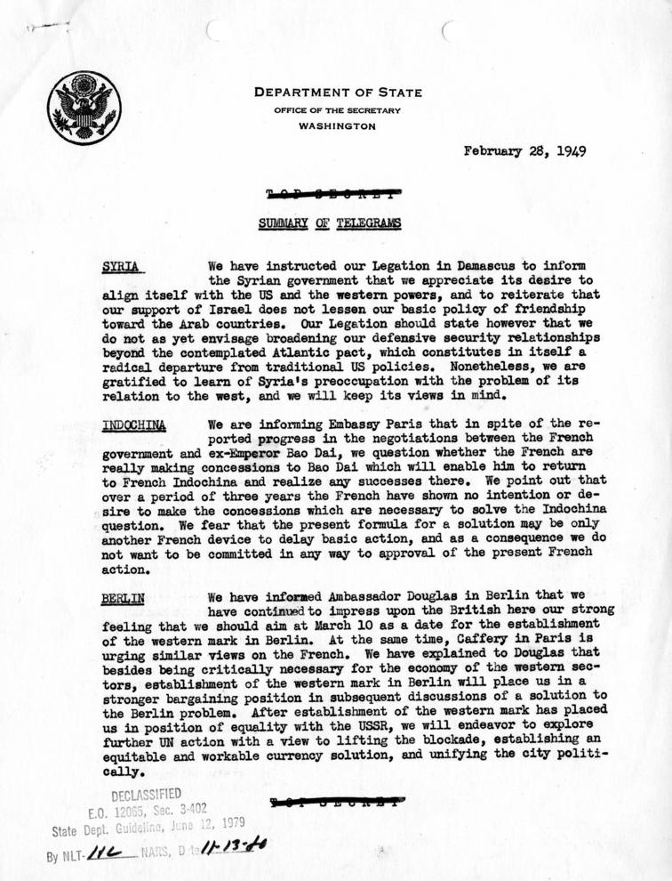 Summary of Telegrams, Department of State