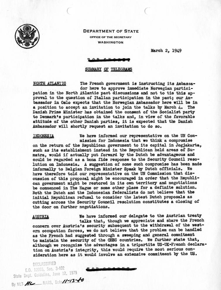 Summary of Telegrams, Department of State