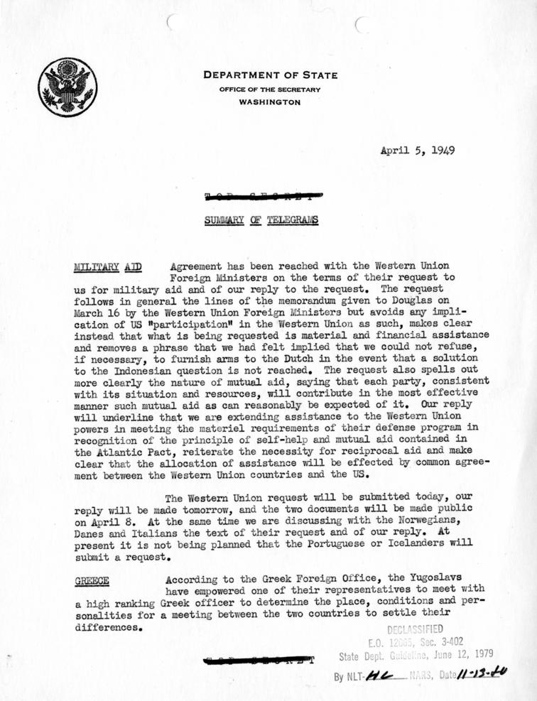 Summary of Telegrams, Department of State