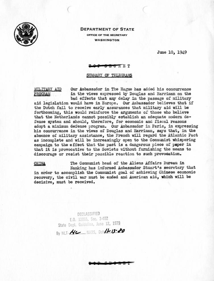 Summary of Telegrams, Department of State