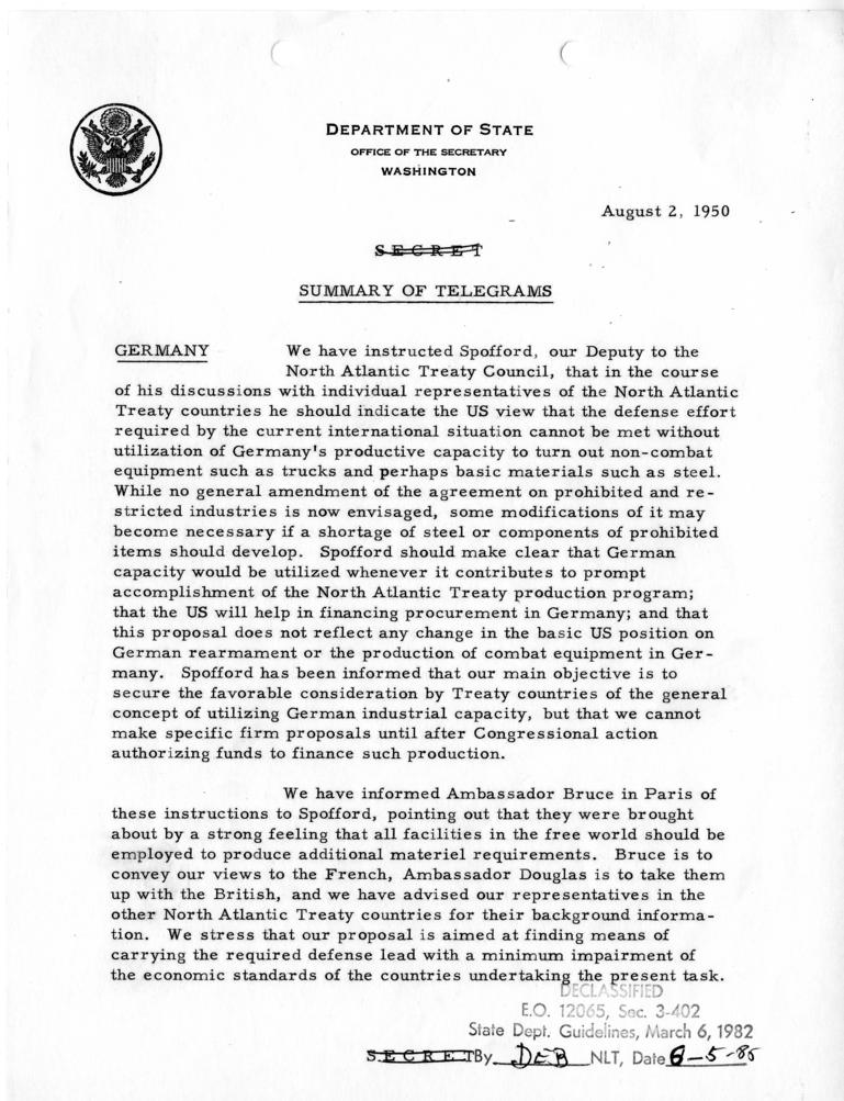 Summary of Telegrams, Department of State