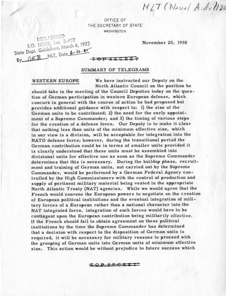 Summary of Telegrams, Department of State, November 20, 1950