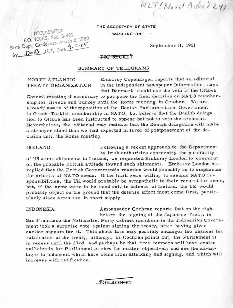 Summary of Telegrams, Department of State