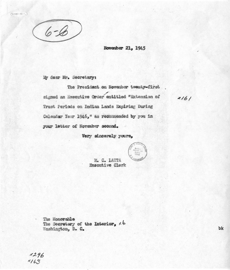 Letter from Secretary of the Interior Harold Ickes to President Harry S. Truman, with Related Memoranda and Letter from M. C. Latta to Secretary of the Interior Harold Ickes