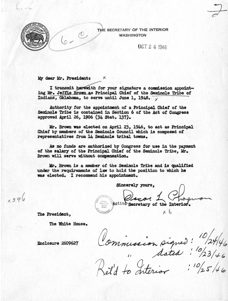 Letter from Secretary of the Interior Oscar Chapman to President Harry S. Truman