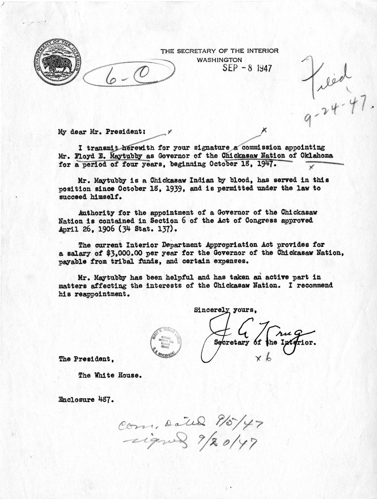 Letter from Secretary of the Interior Julius A. Krug to President Harry S. Truman