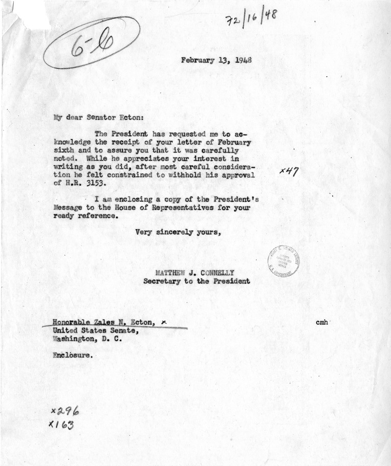 Letter from Senator Zales Ecton to President Harry S. Truman, with a Reply by Matthew J. Connelly