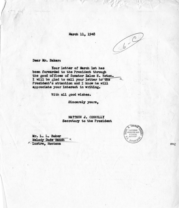 Letter from Lloyd Baker to President Harry S. Truman, with Reply from Matthew J. Connelly and Attached Correspondence with Senator Zales Ecton