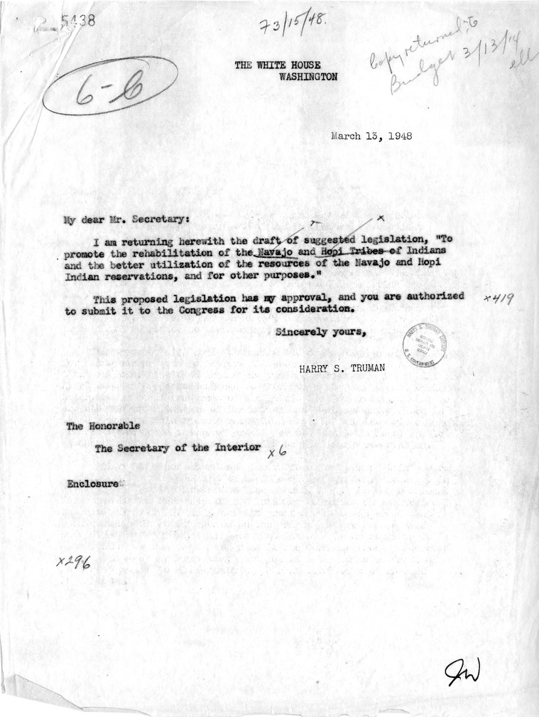 Correspondence Between President Harry S. Truman and Secretary of the Interior Julius A. Krug, with Attachments and Related Material