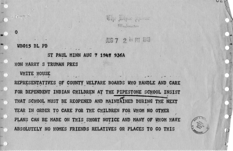 Telegram from Governor Luther W. Youngdahl of Minnesota to President Harry S. Truman