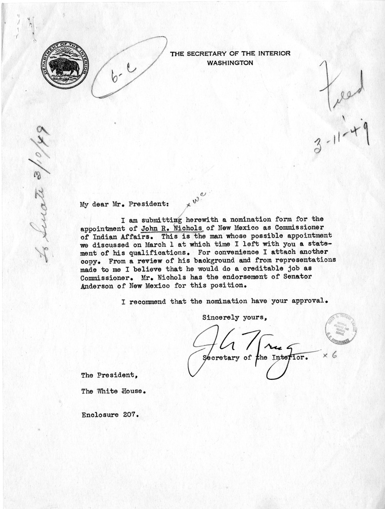 Letter from Secretary of the Interior Julius A. Krug to President Harry S. Truman, with Attachments