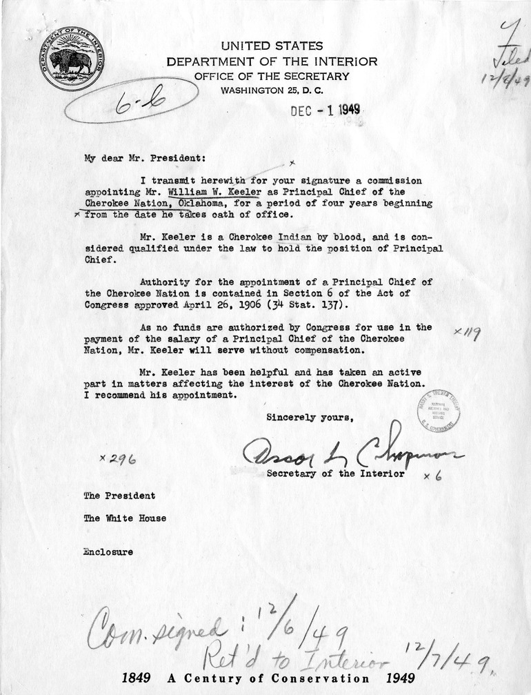 Letter from Secretary of the Interior Oscar Chapman to President Harry S. Truman, with Attached Letter from W. W. Keeler to President Harry S. Truman