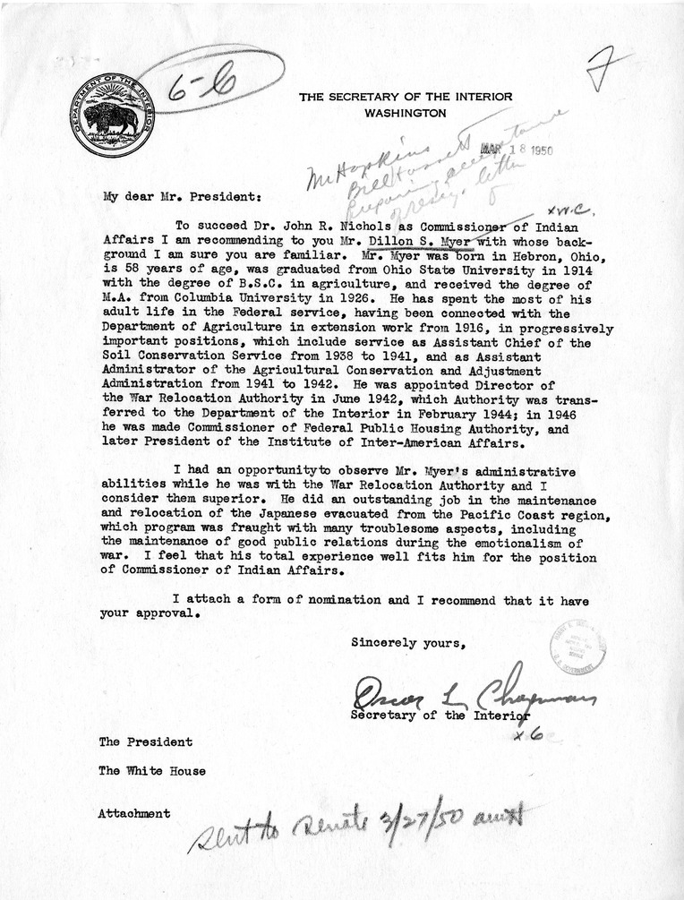 Letter from Secretary of the Interior Oscar Chapman to President Harry S. Truman