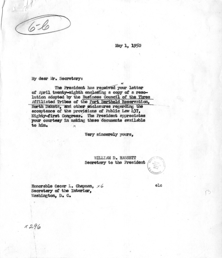 Letter from Secretary of the Interior Oscar Chapman to President Harry S. Truman and Reply from William Hassett, with Attachments