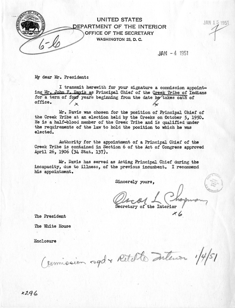 Letter from Secretary of the Interior Oscar Chapman to President Harry S. Truman