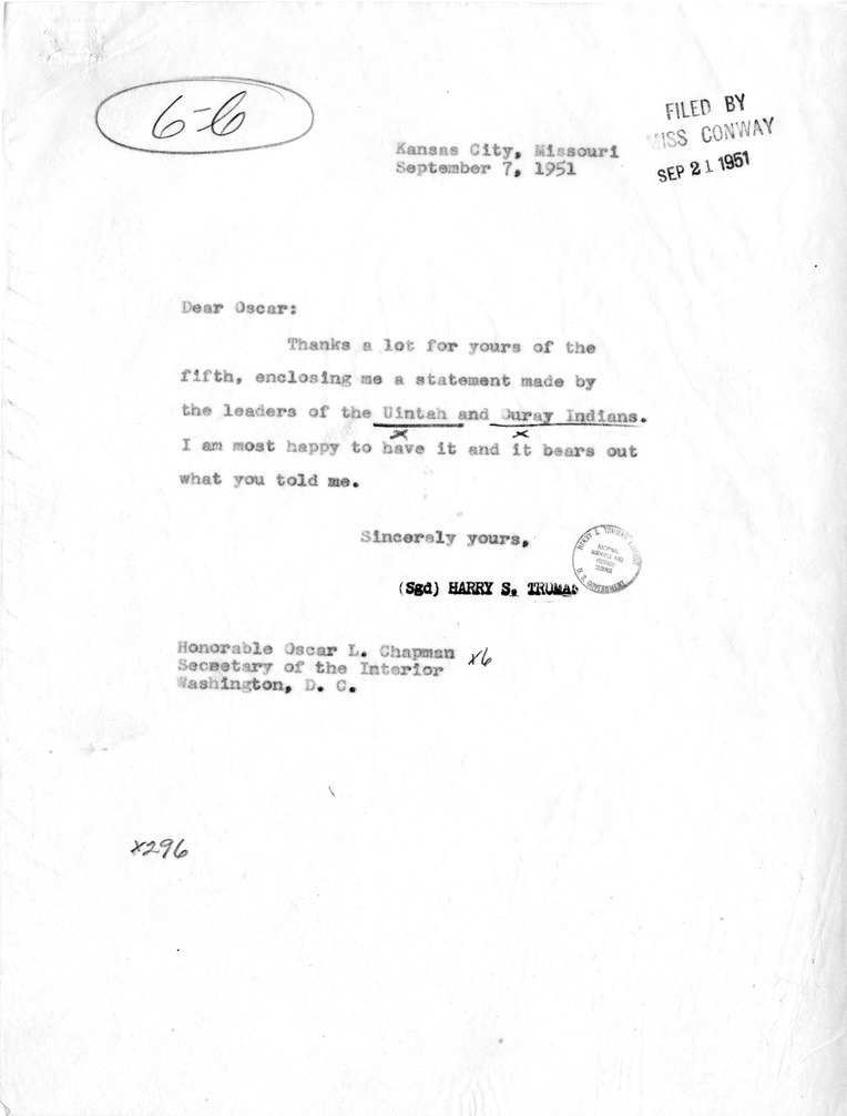 Correspondence Between President Harry S. Truman and Secretary of the Interior Oscar Chapman, with Attachments