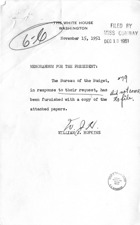 Memorandum from William Hopkins to President Harry S. Truman, with Attachments