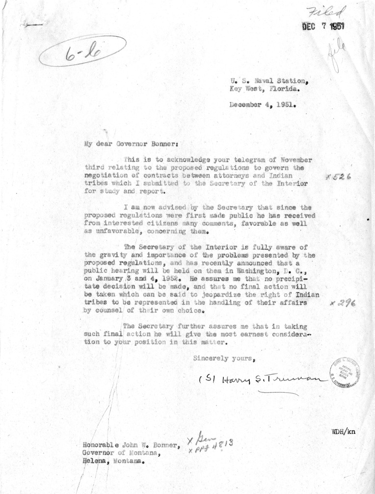 Telegram from Governor John Bonner of Montana to President Harry S. Truman, with Related Memoranda