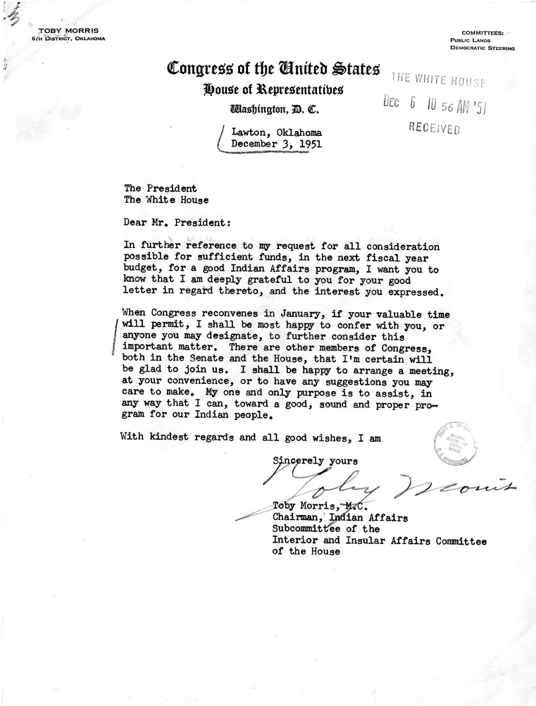 Correspondence Between President Harry S. Truman and Congressman Toby Morris