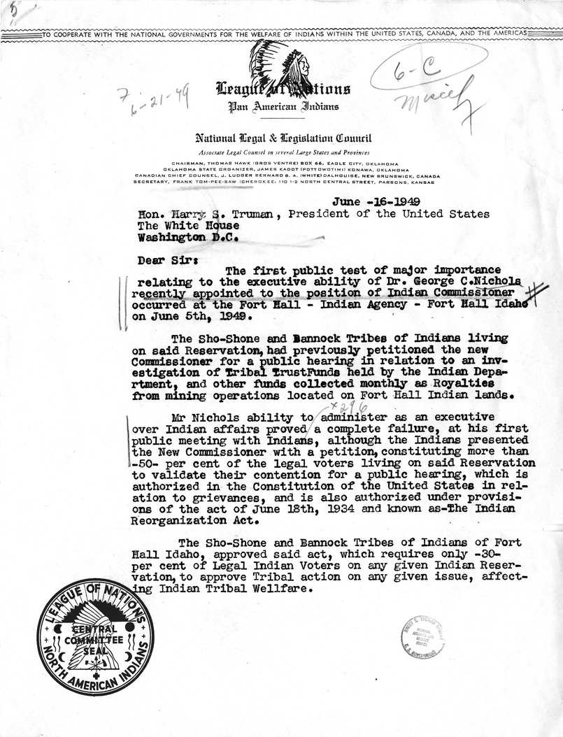 Letter from Frank Tom-Pee-Saw to President Harry S. Truman