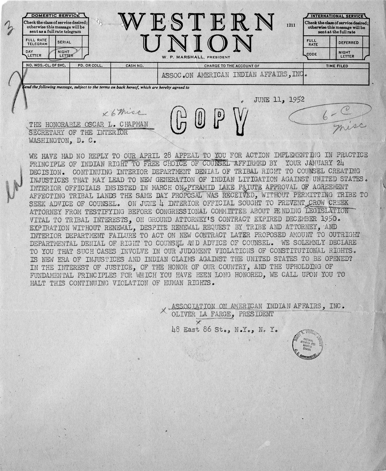 Telegram, Association on American Indian Affairs, Inc. to Secretary of the Interior Oscar Chapman