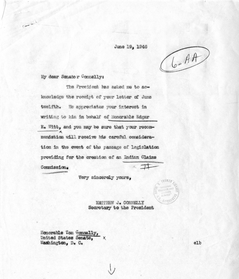 Letter from Senator Tom Connally to President Harry S. Truman with a Reply from Matthew J. Connelly