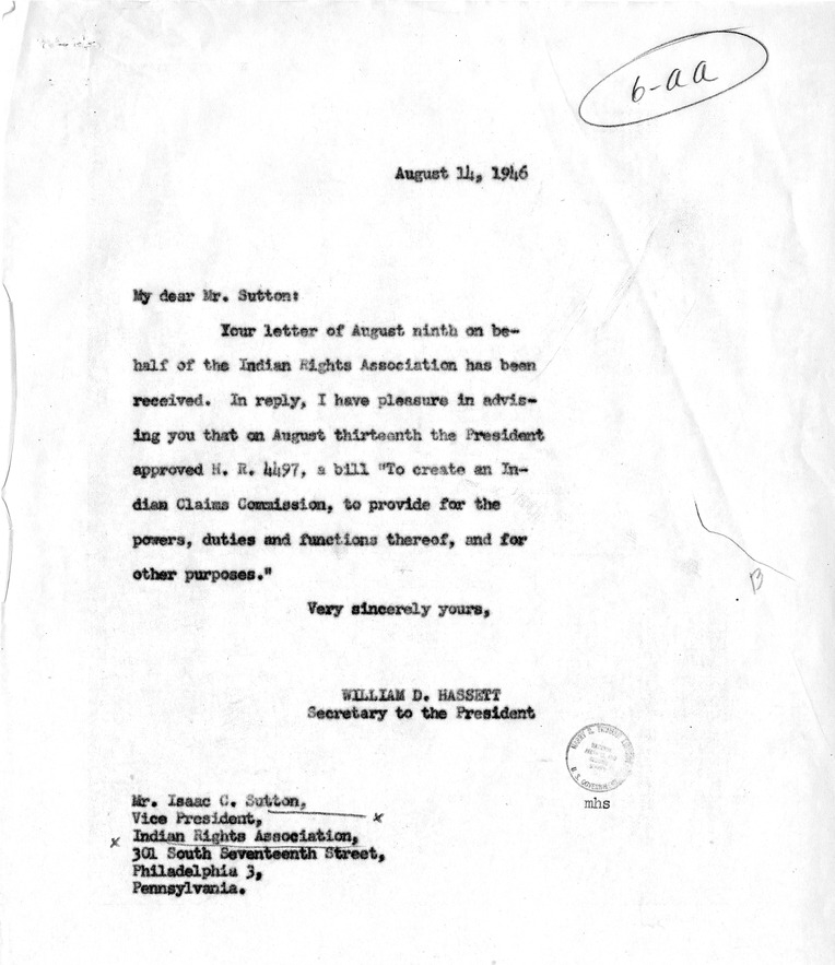 Letter from Isaac Sutton to President Harry S. Truman, with a Reply from William D. Hassett